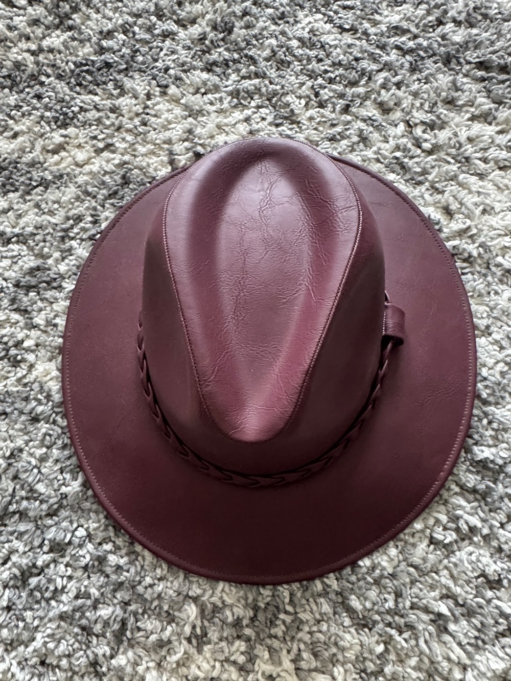 Wide Brim Maroon Leather-Look Fedora Hat